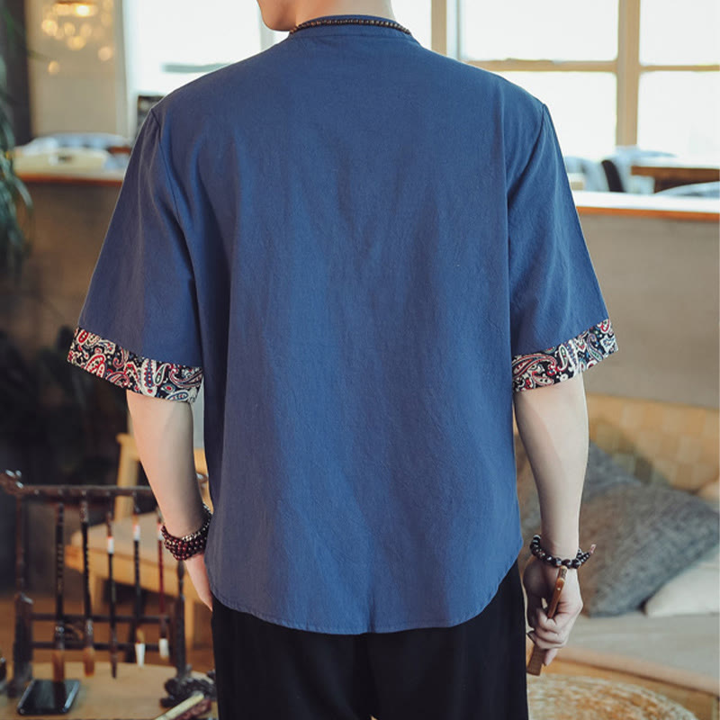 Buddha Stones Frog-Button Dragon Embroidery Chinese Tang Suit Short Sleeve Shirt Linen Men Clothing Men's Shirts BS 35