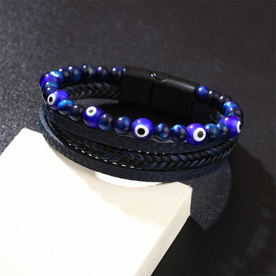 Buddha Stones Evil Eye Tiger Eye Protection Beaded Multilayered Braided Bracelet Bracelet BS 4