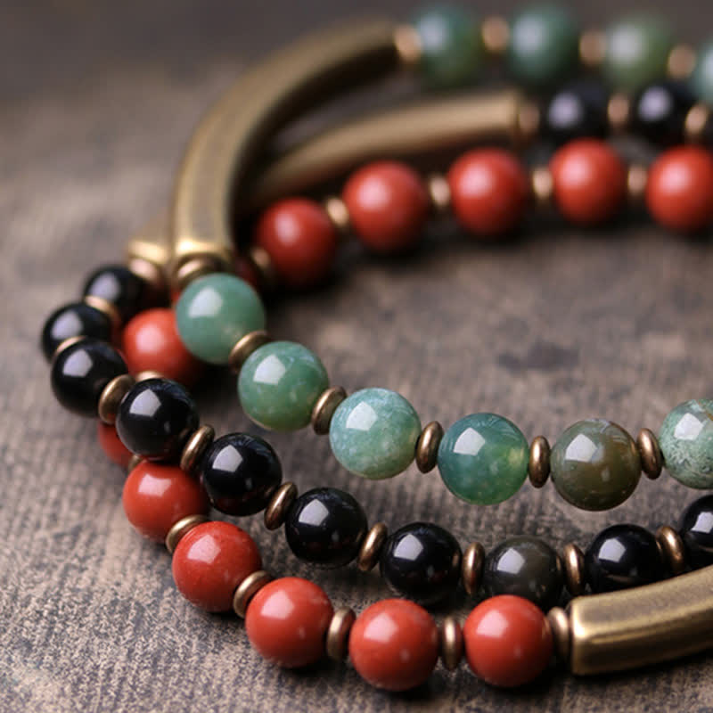Buddha Stones Red Jasper Moss Agate Black Obsidian Crystal Copper Peace Couple Bracelet Bracelet BS 13