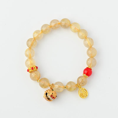 Buddha Stones Natural Golden Rutilated Quartz Fu Character Charm Bell Wealth Bracelet Bracelet BS 4