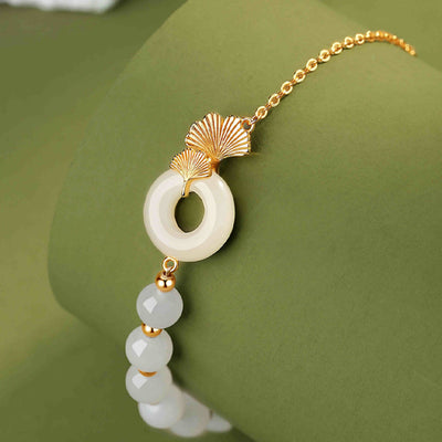 Buddha Stones 925 Sterling Silver Hetian White Jade Peace Buckle Ginkgo Leaf Luck Bracelet Bracelet BS 3