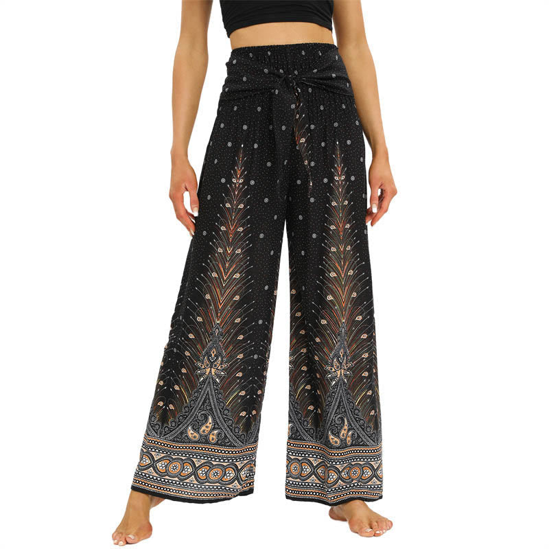 Buddha Stones Boho Peacock Feathers Lace-up Wide Leg Pants Women's Yoga Pants Women's Wide Leg Pants BS Sienna F(Fit for US2-12; UK/AU6-16; EU34-44)