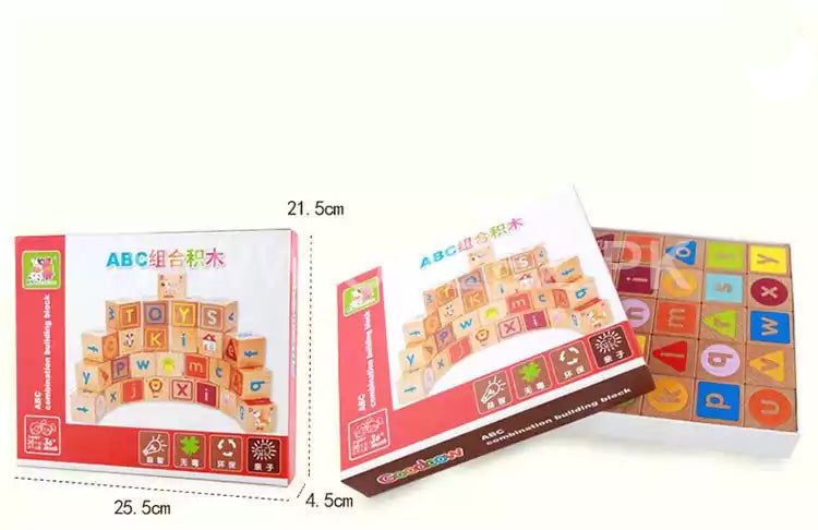 Fidtoy Wooden ABC Blocks for Toddlers, 26-Piece Alphabet Learning Blocks with Uppercase Lowercase Letters, Pictures, Colors and Storage Bag Age 24M+
