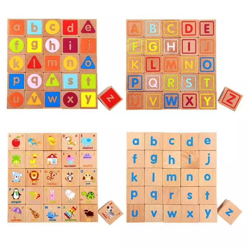 Fidtoy Wooden ABC Blocks for Toddlers, 26-Piece Alphabet Learning Blocks with Uppercase Lowercase Letters, Pictures, Colors and Storage Bag Age 24M+