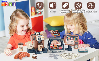 Juego de café de juguete para niños pequeños, tienda de juegos de cocina, juego de café, postres, compras con cafetera, caja registradora, juguete para niños de 3 años en adelante
