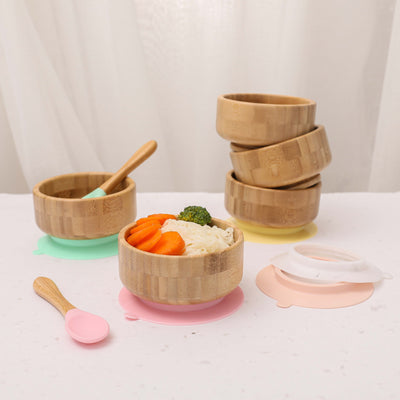Fidtoy Bamboo Suction Bowl and Spoon Set – Baby Feeding Bowl for BLW Toddlers