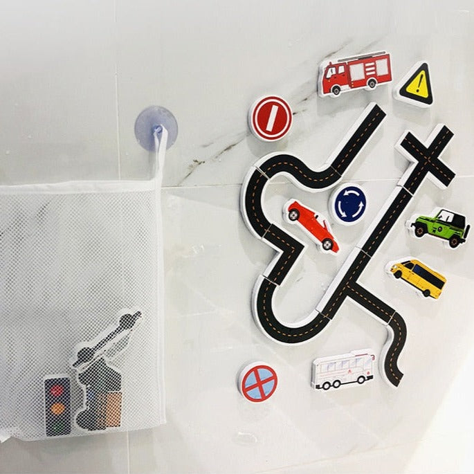 Fidtoy Bath Time Traffic Toys – Foam Road Bath Toys for Toddlers Wall Stick Play Set