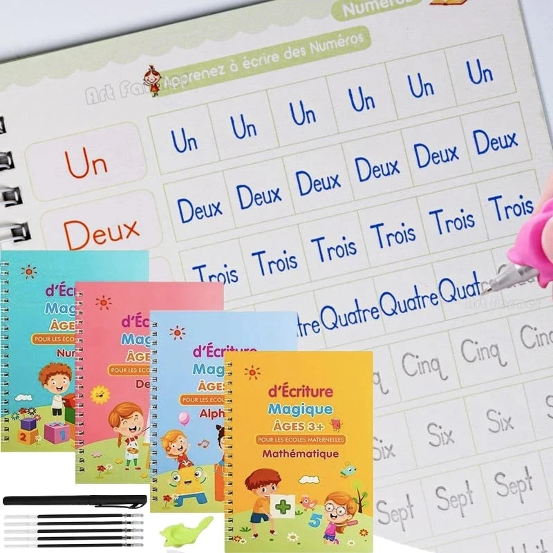 Fidtoy Magic Practice Copybook for Kids – Reusable Handwriting Workbook Set with Grooved Writing Pages, Disappearing Ink Pen, French Writing Practice, and Calligraphy Learning