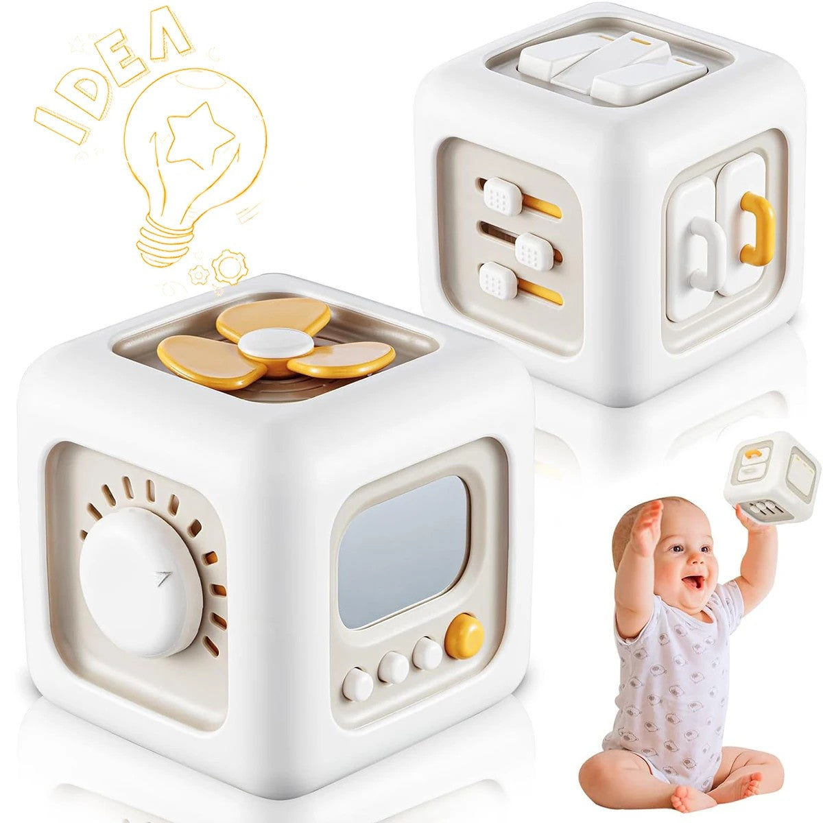 Fidtoy 6-in-1 Montessori Busy Cube for Toddlers – Portable Sensory Activity Cube with Buttons, Gears, Textures, Fine Motor Play, and Travel Learning