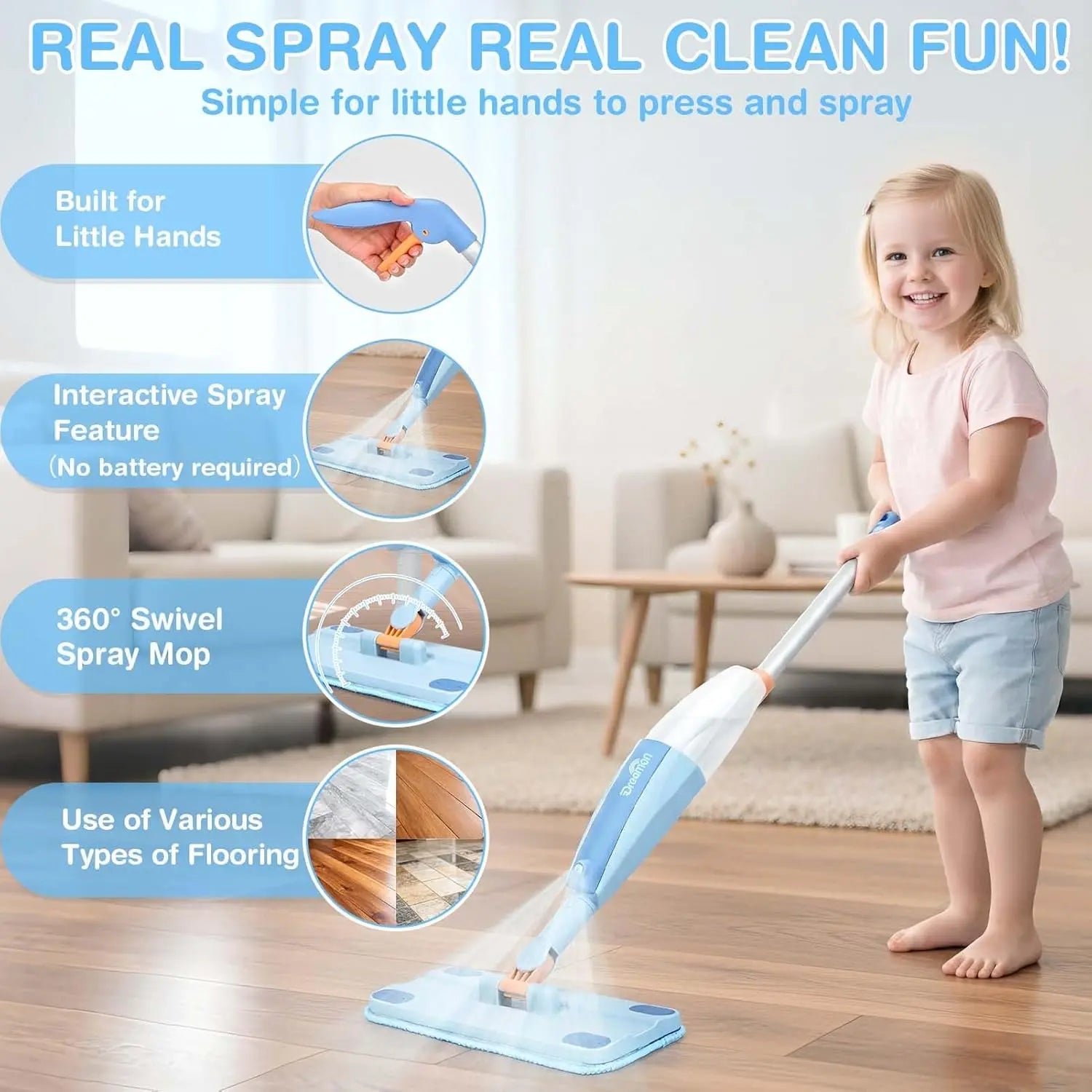 Wooden Toddler Cleaning Set with Real Spray Mop Ages 3–6