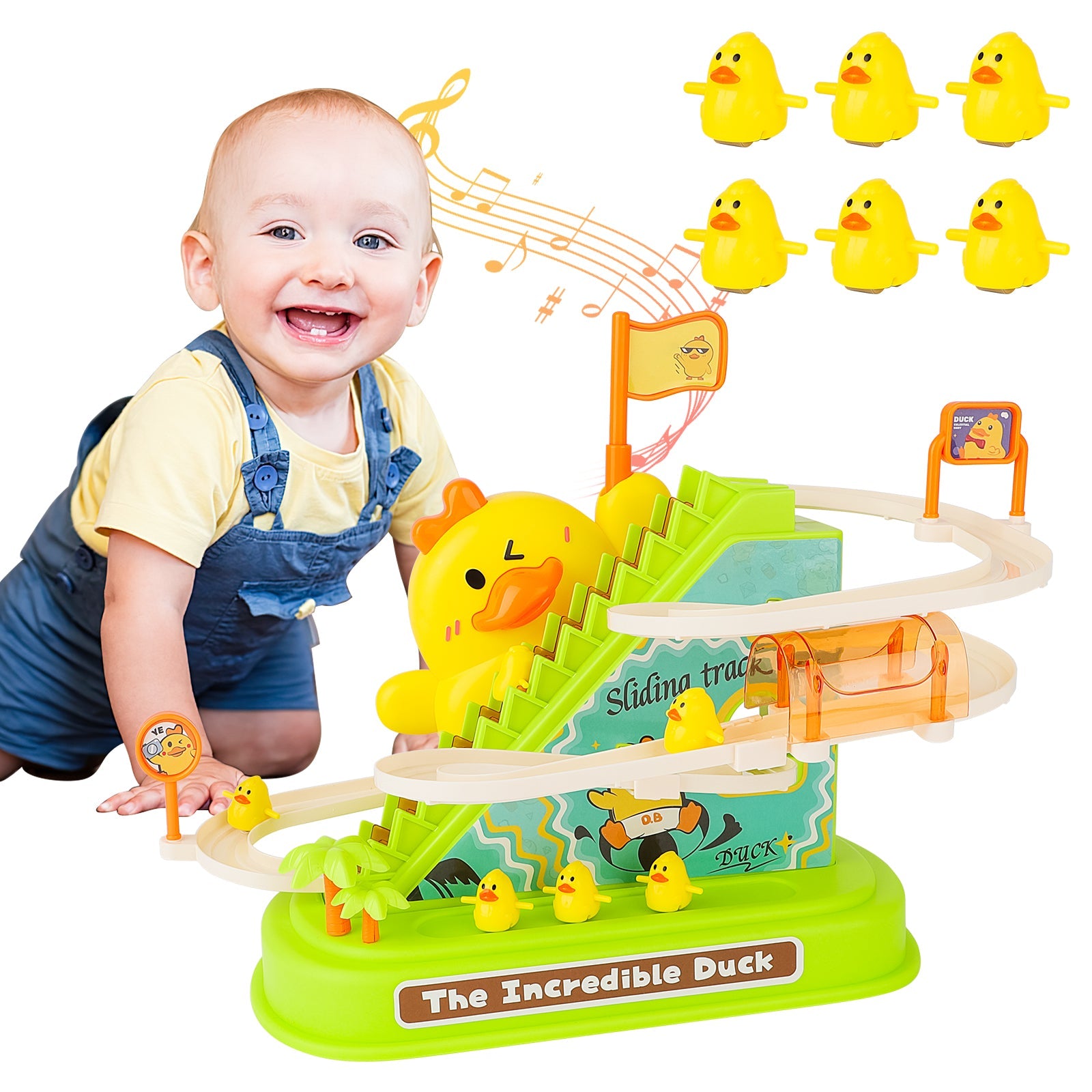 Juego de Pista de Carreras Eléctricas de Patos, Juguetes Pequeños de Patos Trepadores, Juguete de Montaña Rusa, Juguete Divertido de Escalada de Escaleras con Luces y Música para Niños