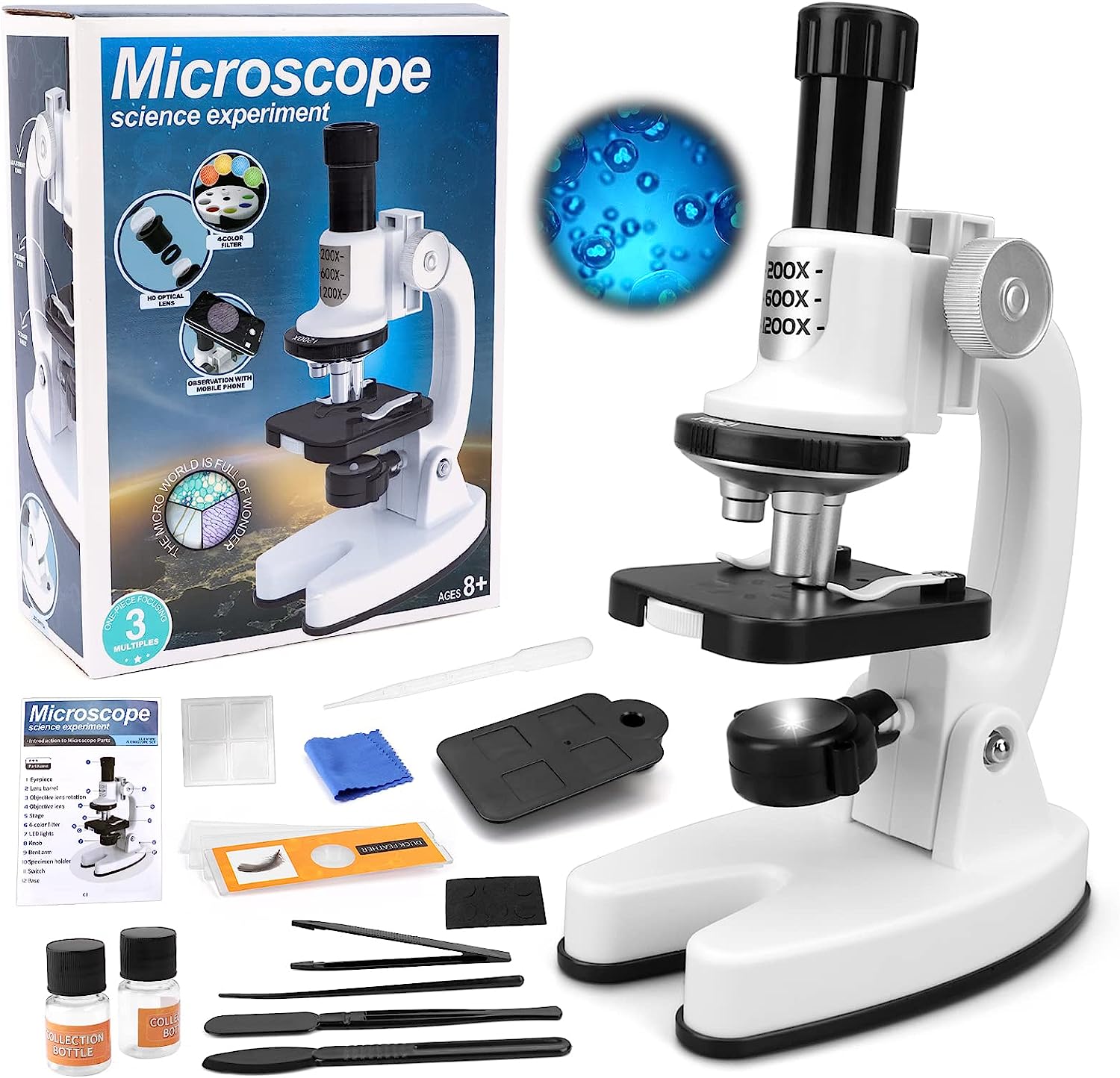 Microscopio para niños, kit de microscopio portátil con luz LED y soporte para teléfono móvil, juguete educativo de ciencia para principiantes para niños, regalo