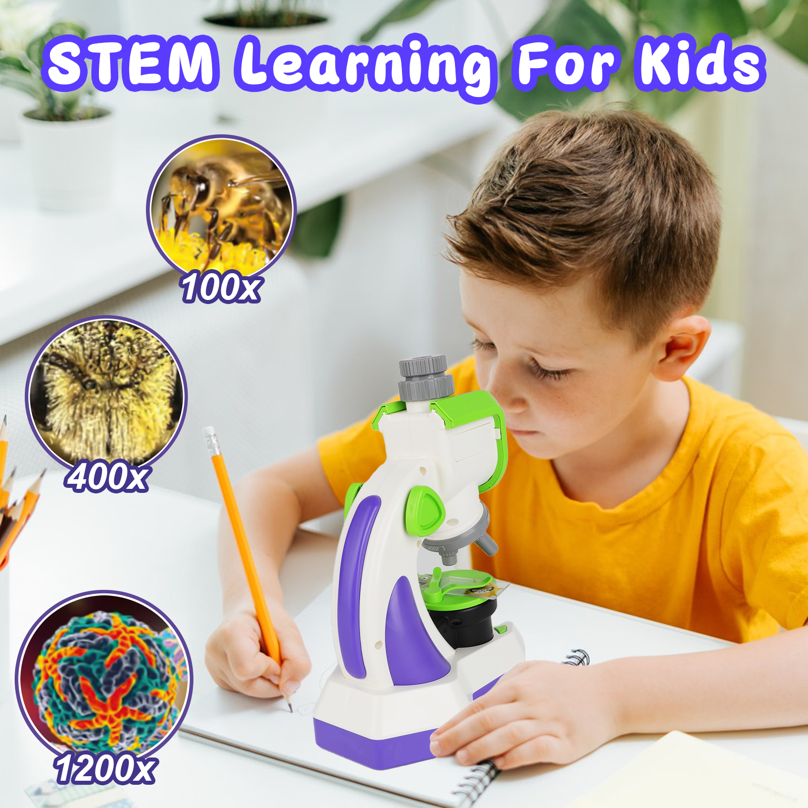 Microscopio para niños 100x 400x 1200x Kit de microscopio portátil con luz LED y portaobjetos Kit científico educativo para principiantes Juguetes educativos de estudio