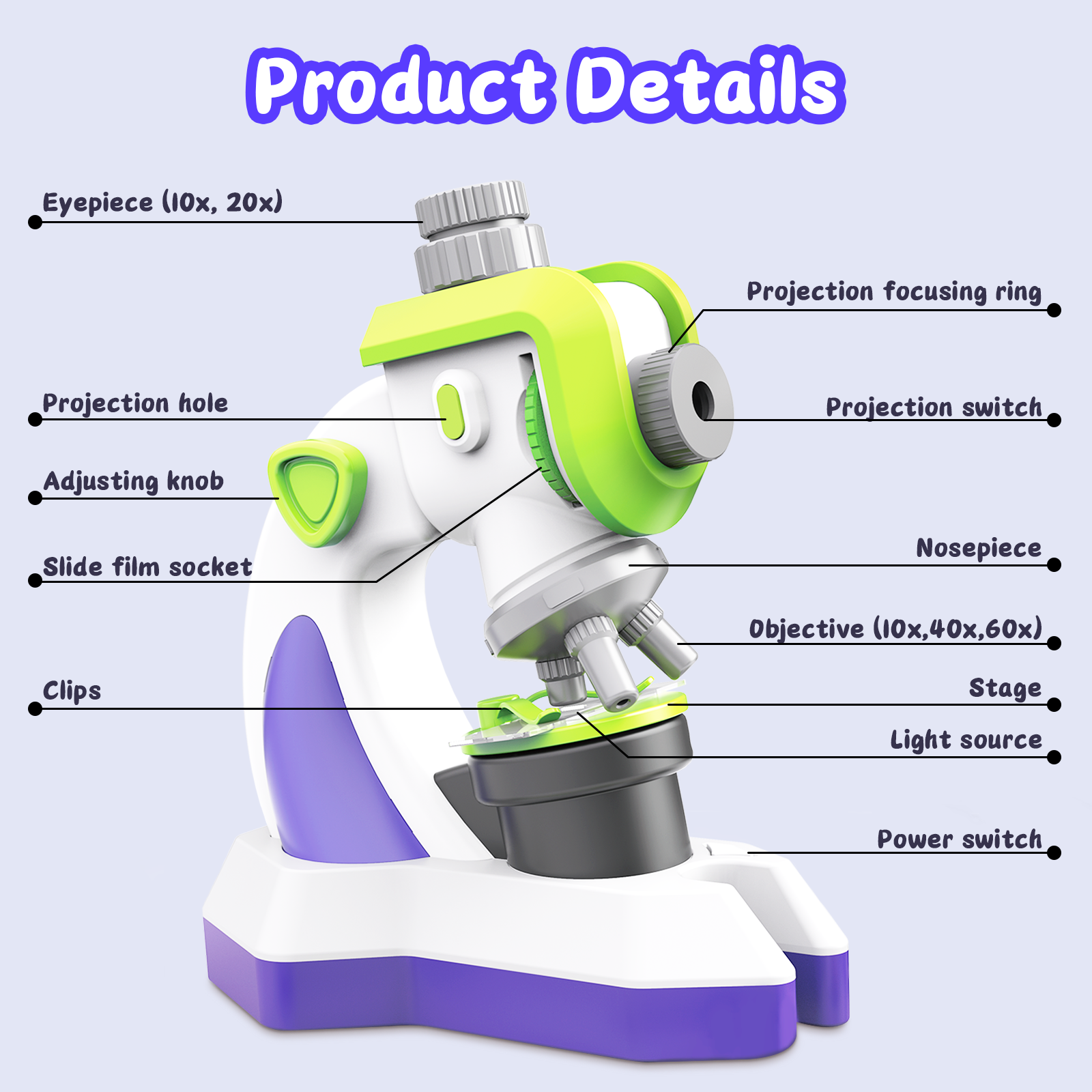 Microscopio para niños 100x 400x 1200x Kit de microscopio portátil con luz LED y portaobjetos Kit científico educativo para principiantes Juguetes educativos de estudio