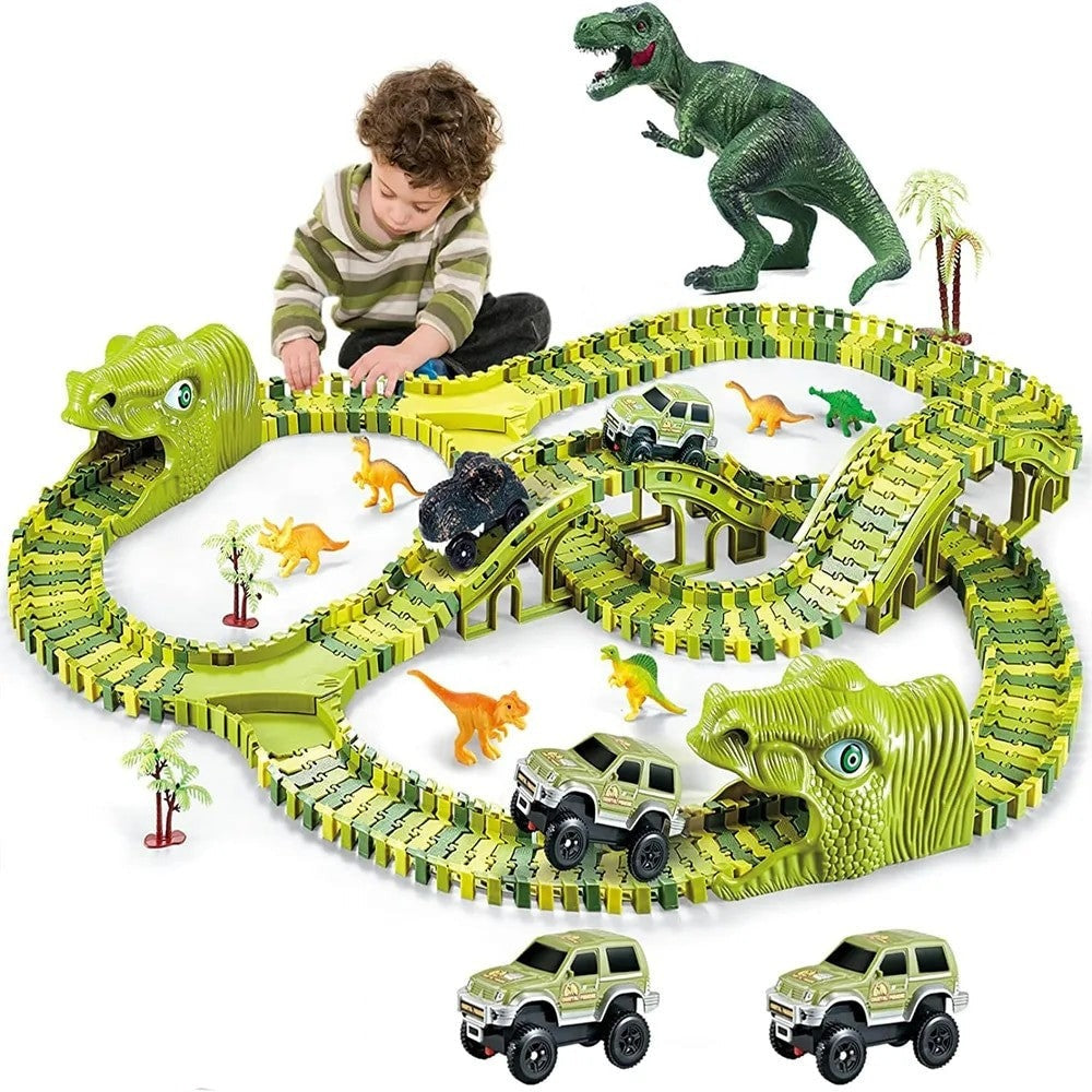 Fidtoy Dinosaur Race Track Set for Kids – Flexible Jurassic Track with Motorized Dinosaur Car, 360° Loop, Bridge, Dinosaur Figures, and Creative Building Play