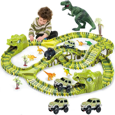 Fidtoy Dinosaur Race Track Set for Kids – Flexible Jurassic Track with Motorized Dinosaur Car, 360° Loop, Bridge, Dinosaur Figures, and Creative Building Play