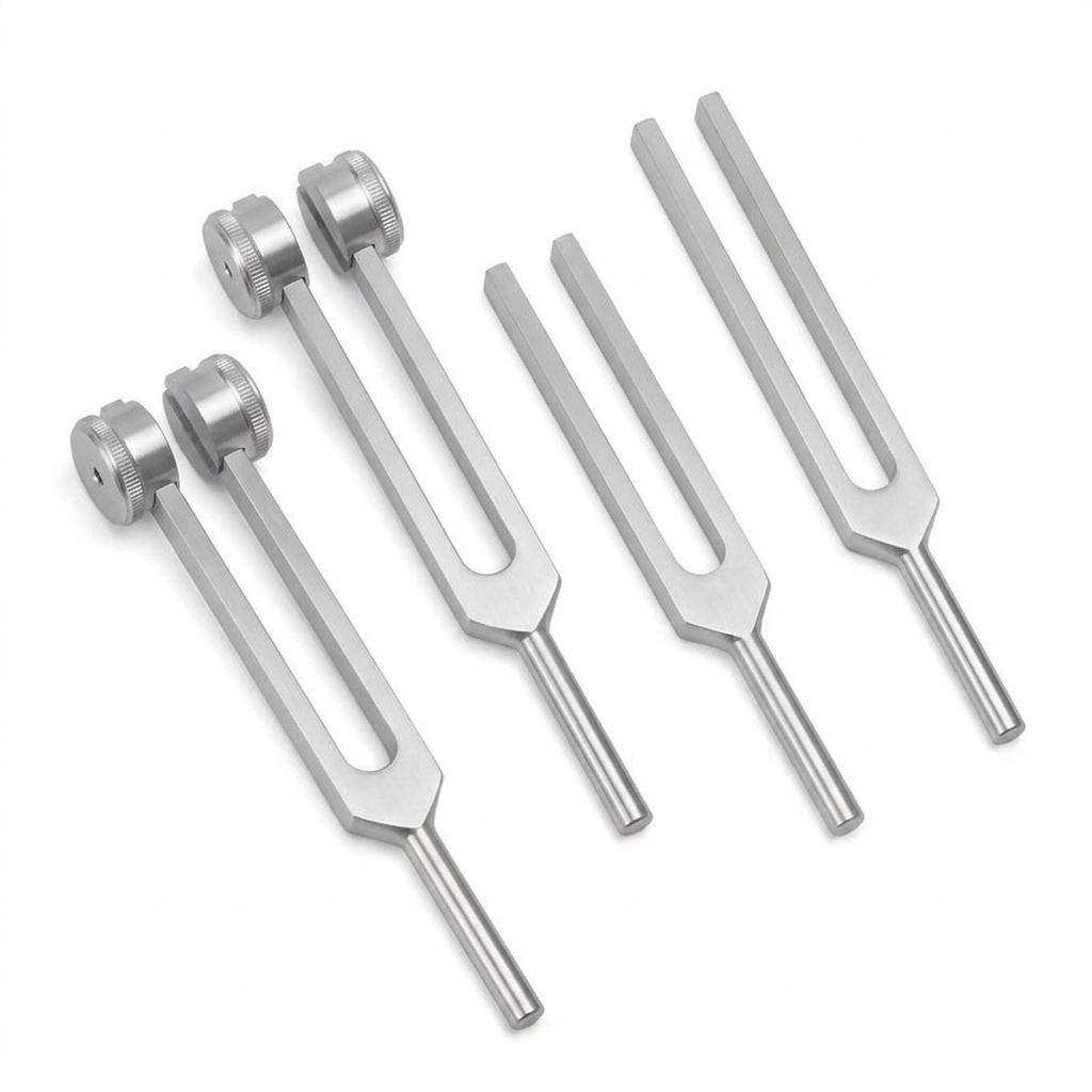 Four tuning forks with weighted tips and plain prongs on a white background