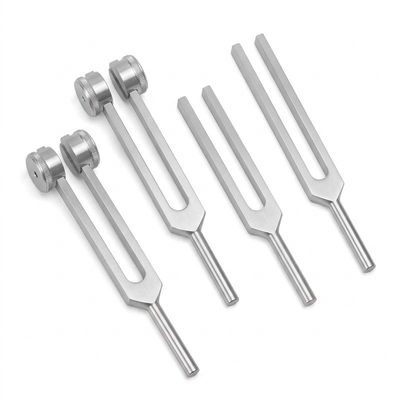 Four tuning forks with weighted tips and plain prongs on a white background