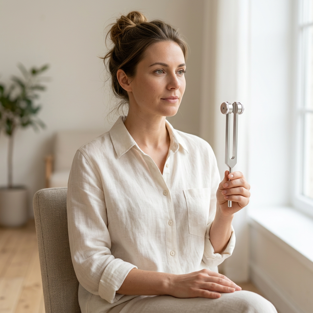 Illustrated meditation scene with an adult woman holding a weighted tuning fork
