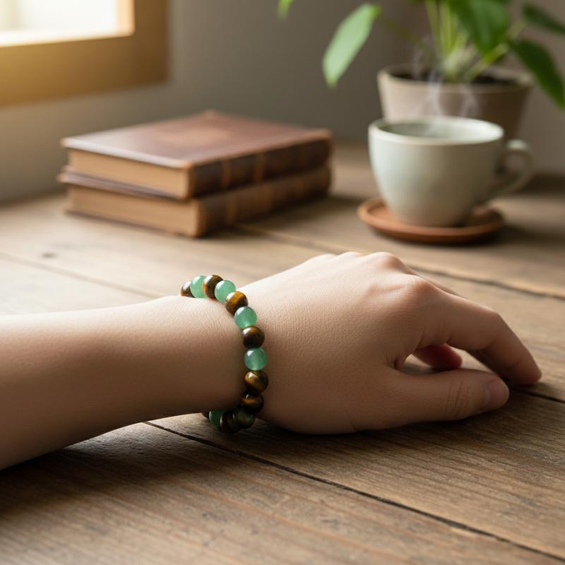 Wrist styling reference with alternating green and golden-brown round beads
