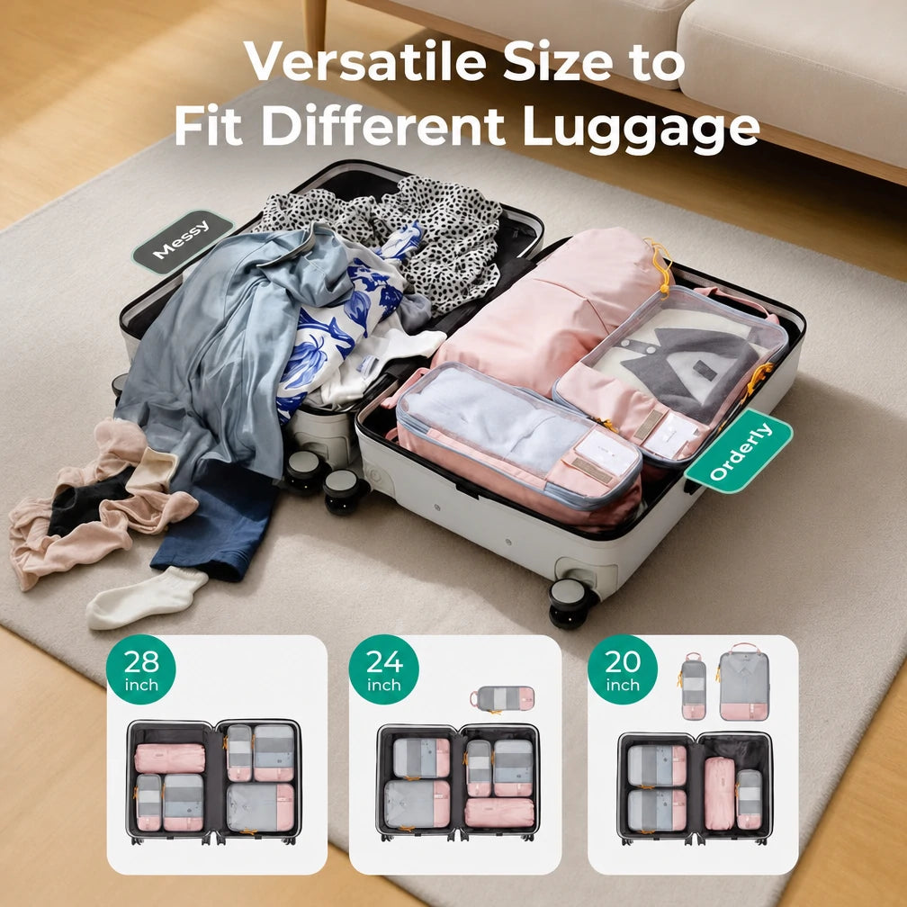 Foviel packing cubes arranged inside different suitcase sizes