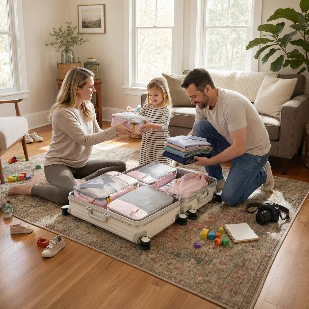 A family organizing clothing with Foviel packing cubes before a trip