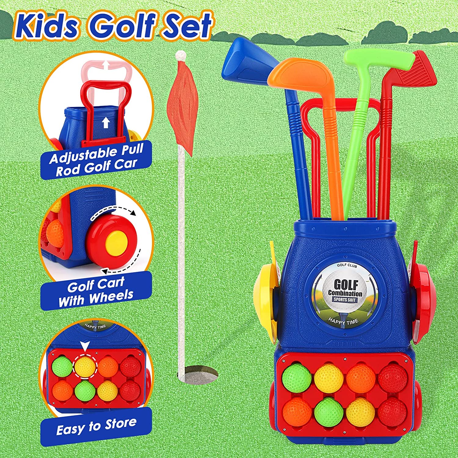 Juego de Juguete de Maleta de Golf para Niños, Juguetes Deportivos para Exterior e Interior con 6 Pelotas, 4 Palos de Golf, 2 Hoyos de Práctica, Set de Palos de Golf para Juego de Jardín para Niños