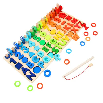 Fidtoy Tableau d'apprentissage des chiffres et des lettres Montessori en bois – Jouet de pêche magnétique et de tri des formes