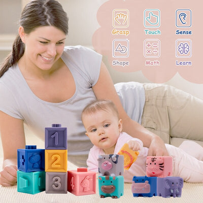 Fidtoy Blocs de construction en silicone pour bébé – Jouets sensoriels souples à empiler pour bébés et tout-petits