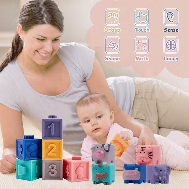 Fidtoy Blocs de construction en silicone pour bébé – Jouets sensoriels souples à empiler pour bébés et tout-petits