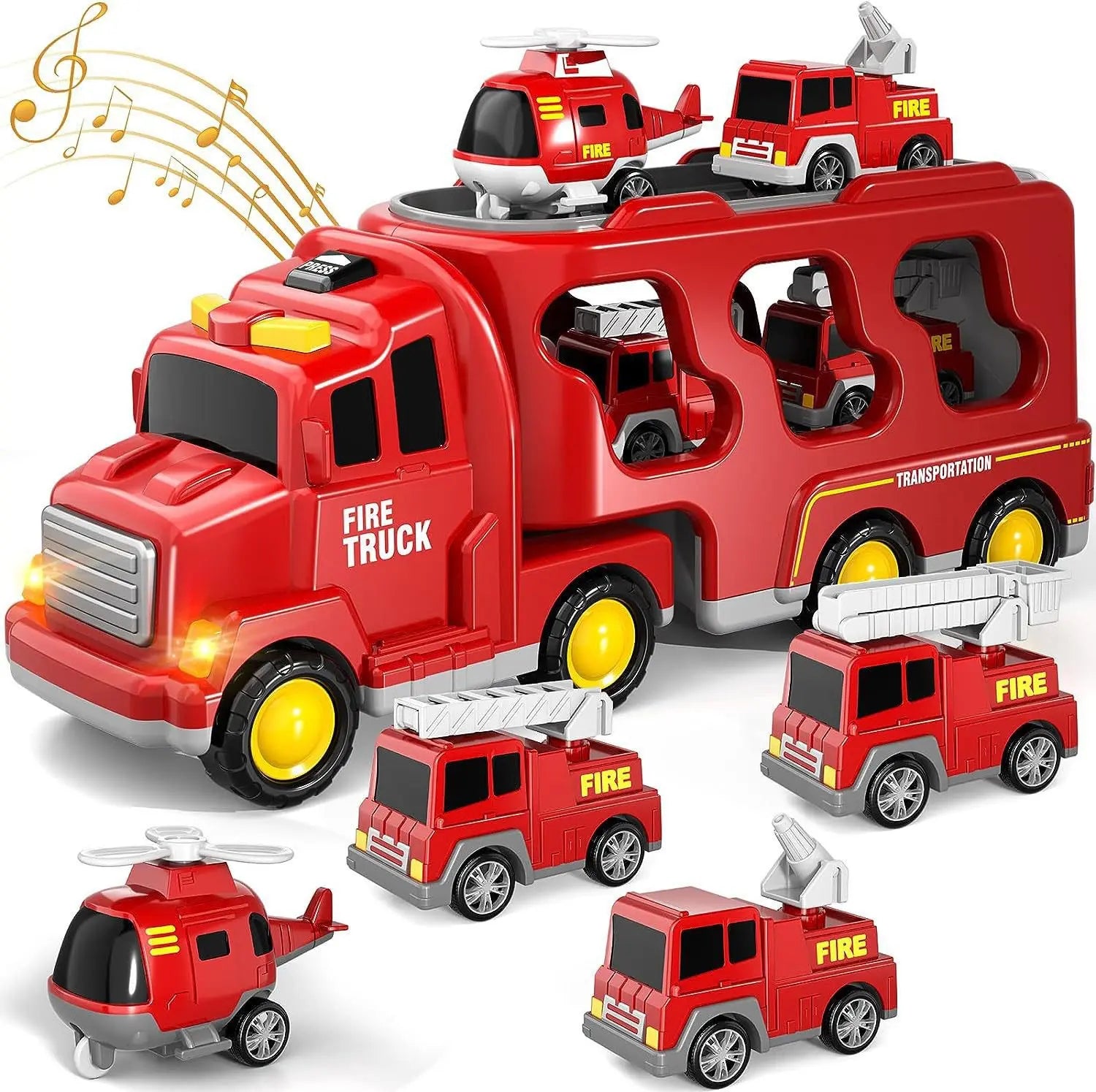 Fidtoy 5-in-1 Fire Truck Carrier Playset for Kids with Helicopter Ladder Truck Lights and Sounds