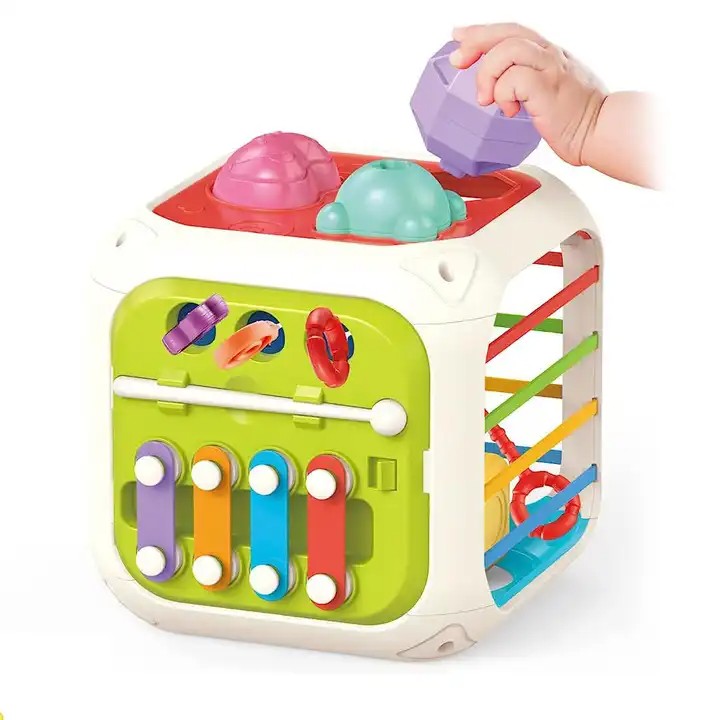 Fidtoy 7-in-1 Montessori Activity Cube for Toddlers – Multifunctional Sensory Learning Cube with Shape Sorter, Xylophone, Gears, Beads, Pull String, and Stacking Blocks