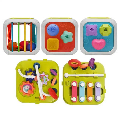 Fidtoy 7-in-1 Montessori Activity Cube for Toddlers – Multifunctional Sensory Learning Cube with Shape Sorter, Xylophone, Gears, Beads, Pull String, and Stacking Blocks