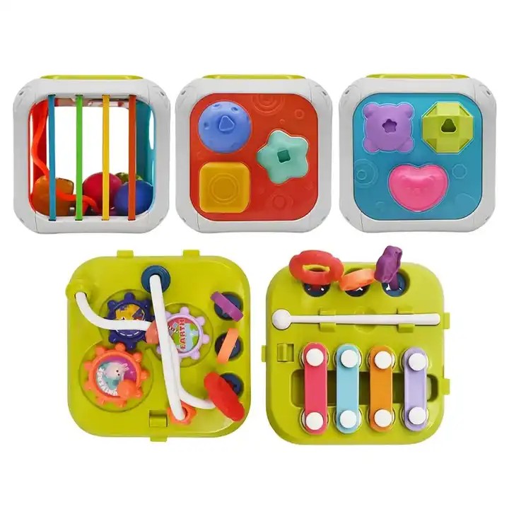 Fidtoy 7-in-1 Montessori Activity Cube for Toddlers – Multifunctional Sensory Learning Cube with Shape Sorter, Xylophone, Gears, Beads, Pull String, and Stacking Blocks