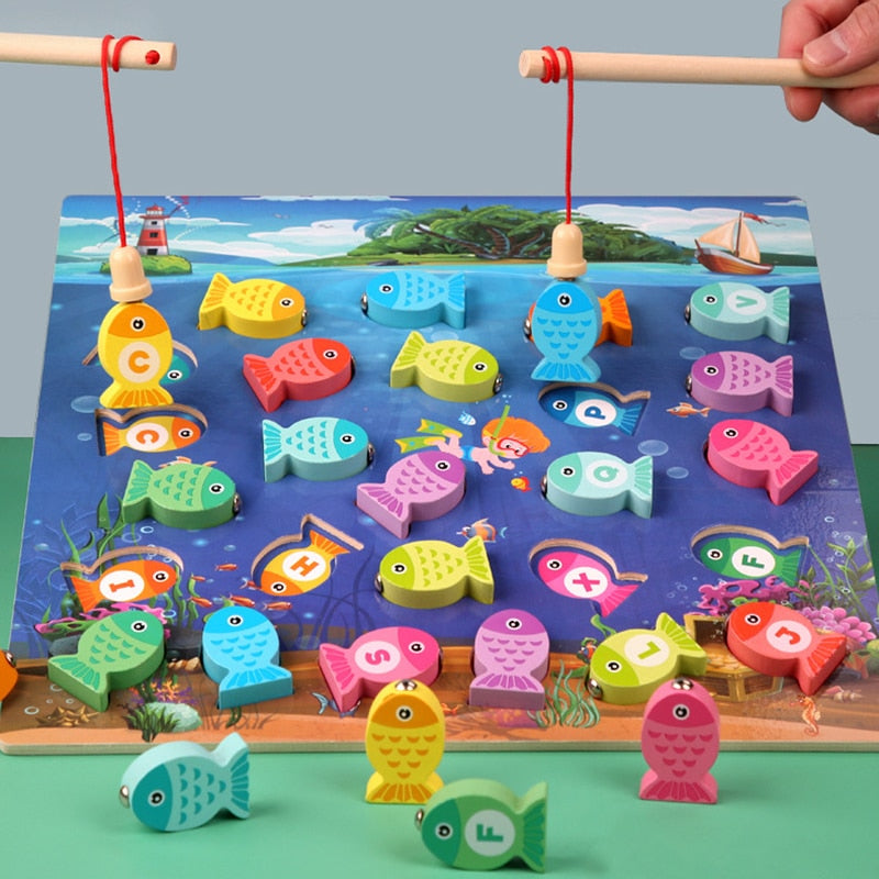 Juguetes educativos de madera Montessori: Juego de pesca con números y alfabeto para tablero