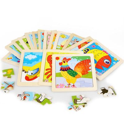 Fidtoy Wooden Puzzle Set for Toddlers – 10 Pack Montessori Animal & Vehicle Learning Puzzles