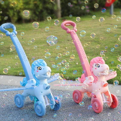 Fidtoy Máquina de burbujas con forma de pony para empujar a mano | Divertido juego de burbujas de colores para niños pequeños al aire libre