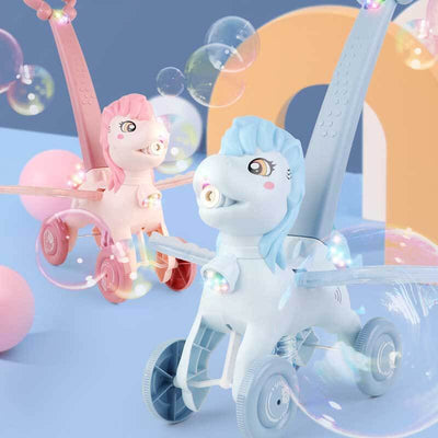 Fidtoy Máquina de burbujas con forma de pony para empujar a mano | Divertido juego de burbujas de colores para niños pequeños al aire libre