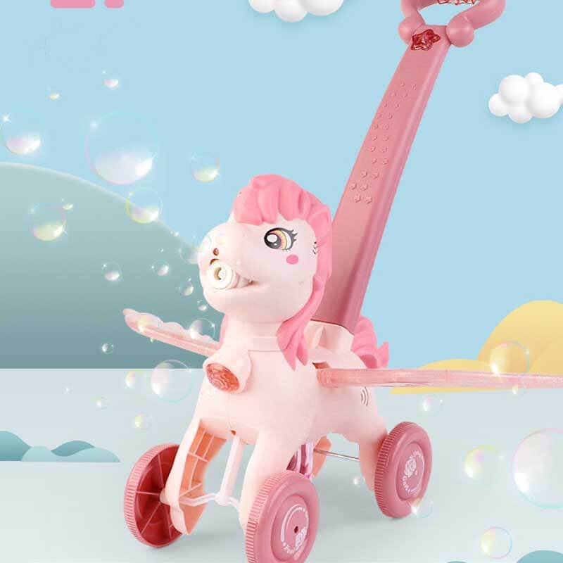 Fidtoy Máquina de burbujas con forma de pony para empujar a mano | Divertido juego de burbujas de colores para niños pequeños al aire libre