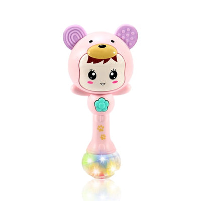 Fidtoy Light Up Musical Baby Rattle Teether Toy – Pink Sensory Rattle with Lights, Sounds, Teething Ears, and Early Development Play