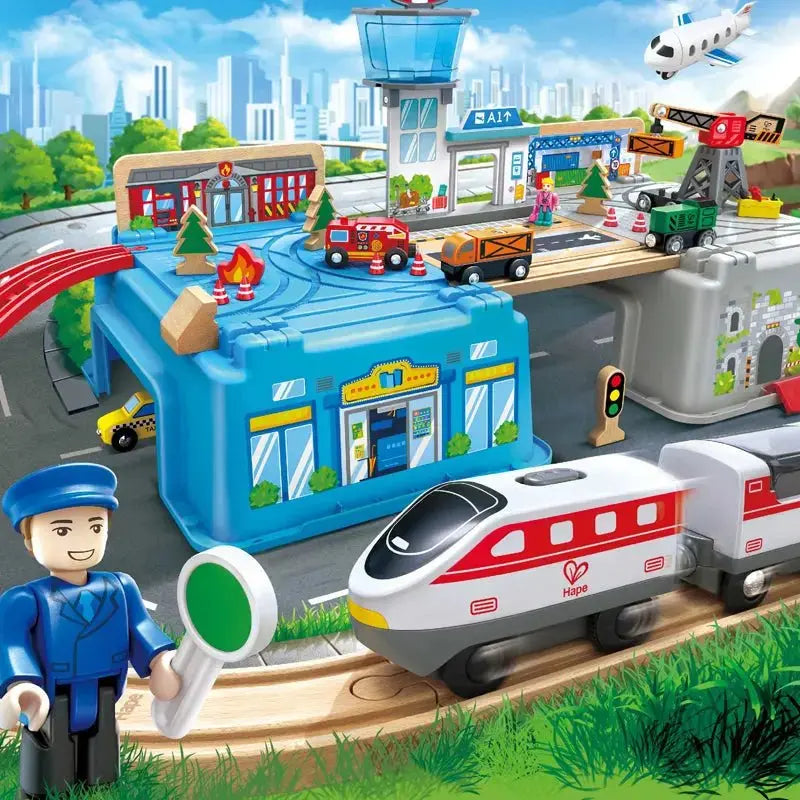 Fidtoy Wooden City Train Set 80 Piece Railway Building Toy for Kids