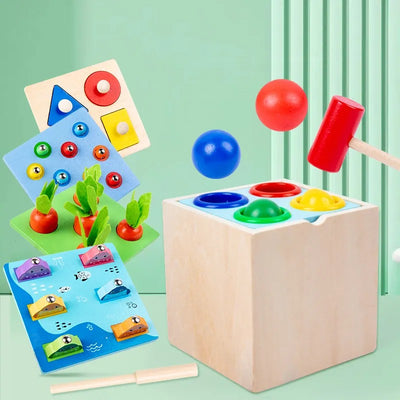 Fidtoy Montessori Wooden 5-in-1 Activity Toy – Shape Sorting, Hammer Ball, Fishing & Fine Motor Learning Set