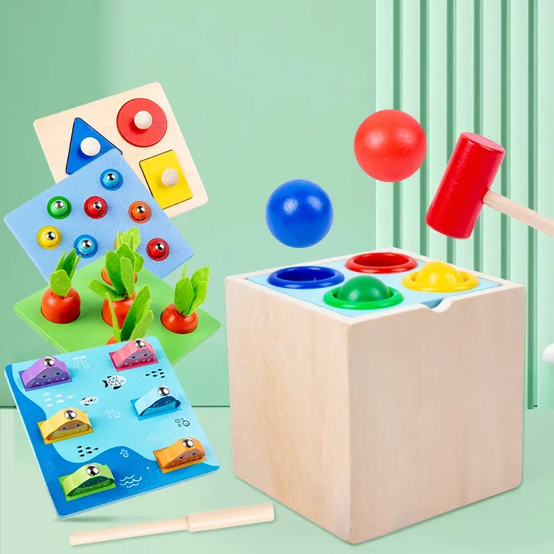 Fidtoy Montessori Wooden 5-in-1 Activity Toy – Shape Sorting, Hammer Ball, Fishing & Fine Motor Learning Set