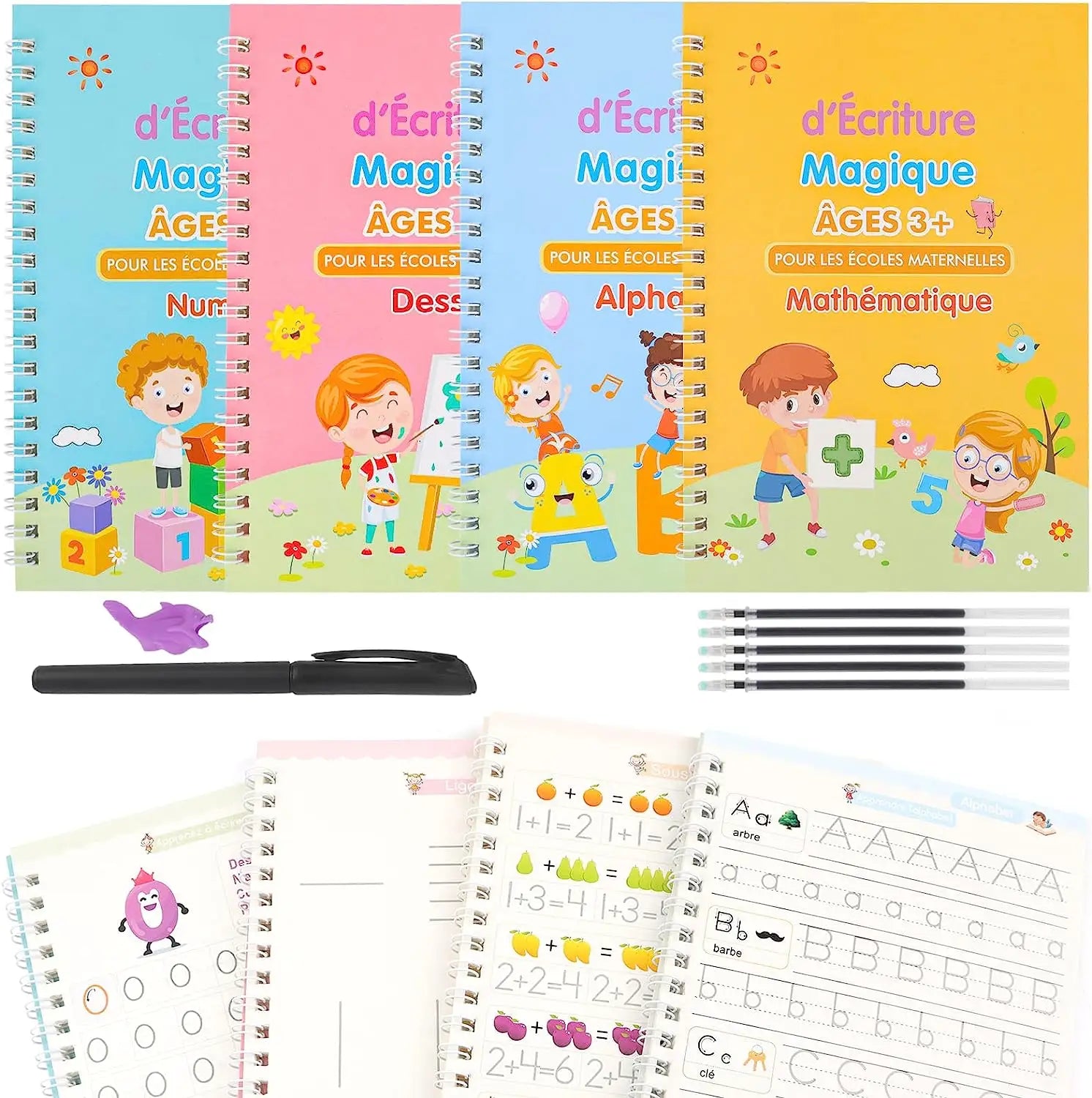 Fidtoy Magic Practice Copybook for Kids – Reusable Handwriting Workbook Set with Grooved Writing Pages, Disappearing Ink Pen, French Writing Practice, and Calligraphy Learning