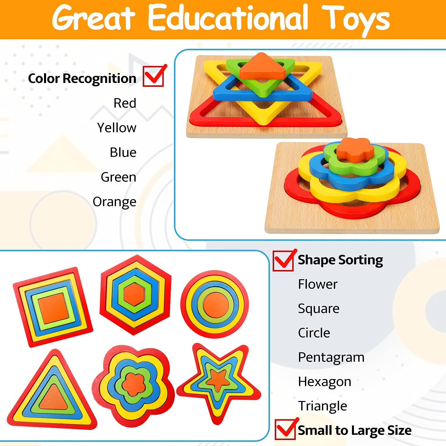 Fidtoy Puzzle en Bois pour Tout-Petits – Jouet Éducatif Montessori d'Apprentissage des Formes pour Enfants de 1 à 6 Ans