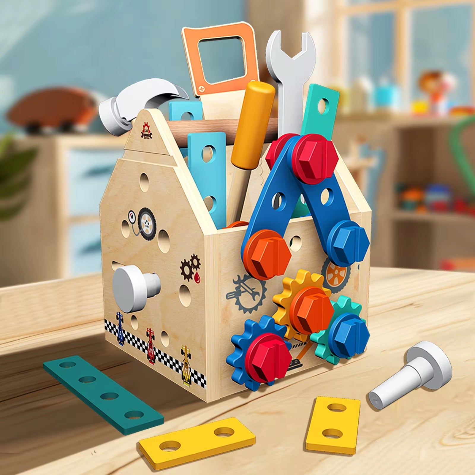 33-Piece Wooden Tool House – Montessori Construction & Fine Motor Skills Activity Set