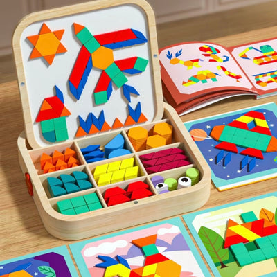 Blocs de motifs magnétiques en bois – Jouet puzzle Montessori de 288 pièces pour enfants de 4 à 8 ans