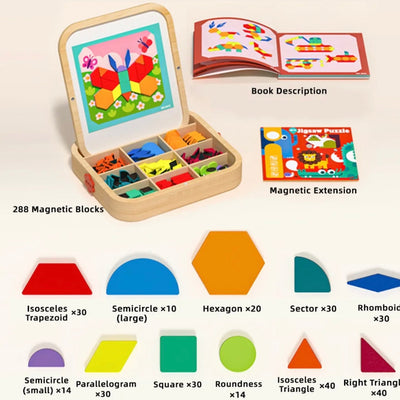 Blocs de motifs magnétiques en bois – Jouet puzzle Montessori de 288 pièces pour enfants de 4 à 8 ans