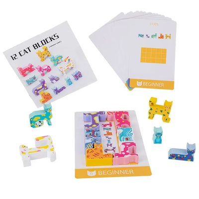 Fidtoy Cat Shape Creative Mind Pattern Puzzle for Kids | 12-Piece Logic Matching Game, 34 Pattern Cards, Visual Thinking, Short-Term Memory & Family Brain Game Age 6+
