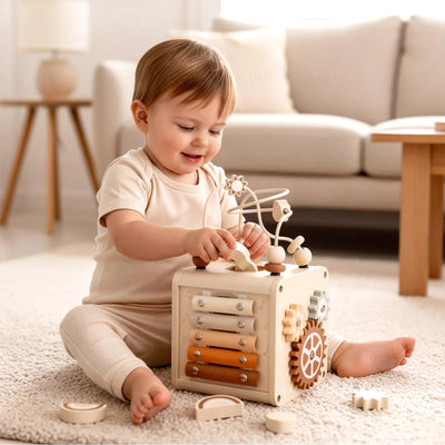 Fidtoy Wooden Activity Cube for Toddlers Musical Drum Set Toy Montessori Learning Cube 12 Months+